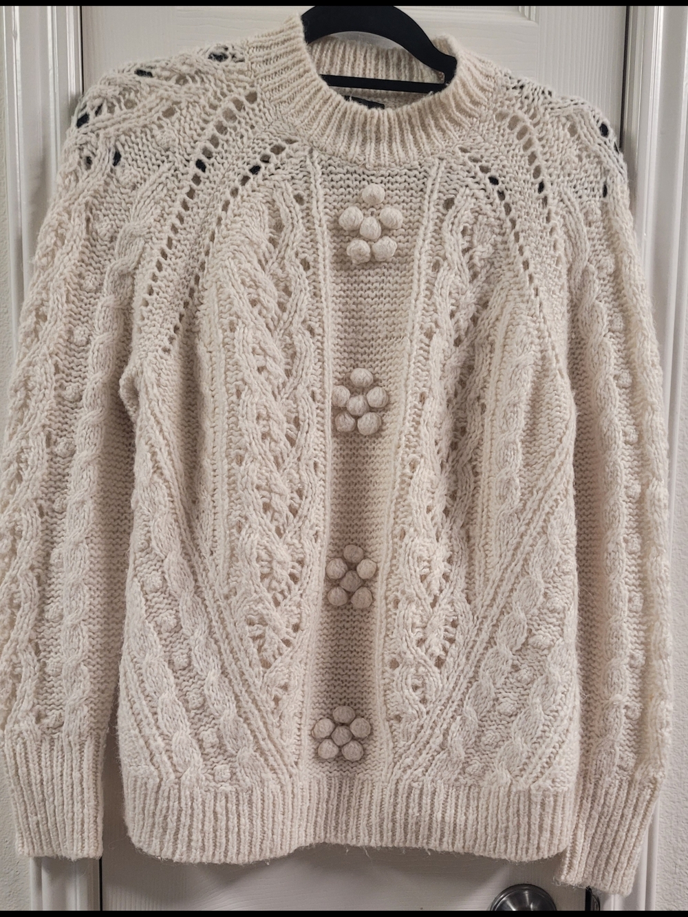 J. Crew Cream Cable-Knit Popcorn Flower Crewneck Sweater